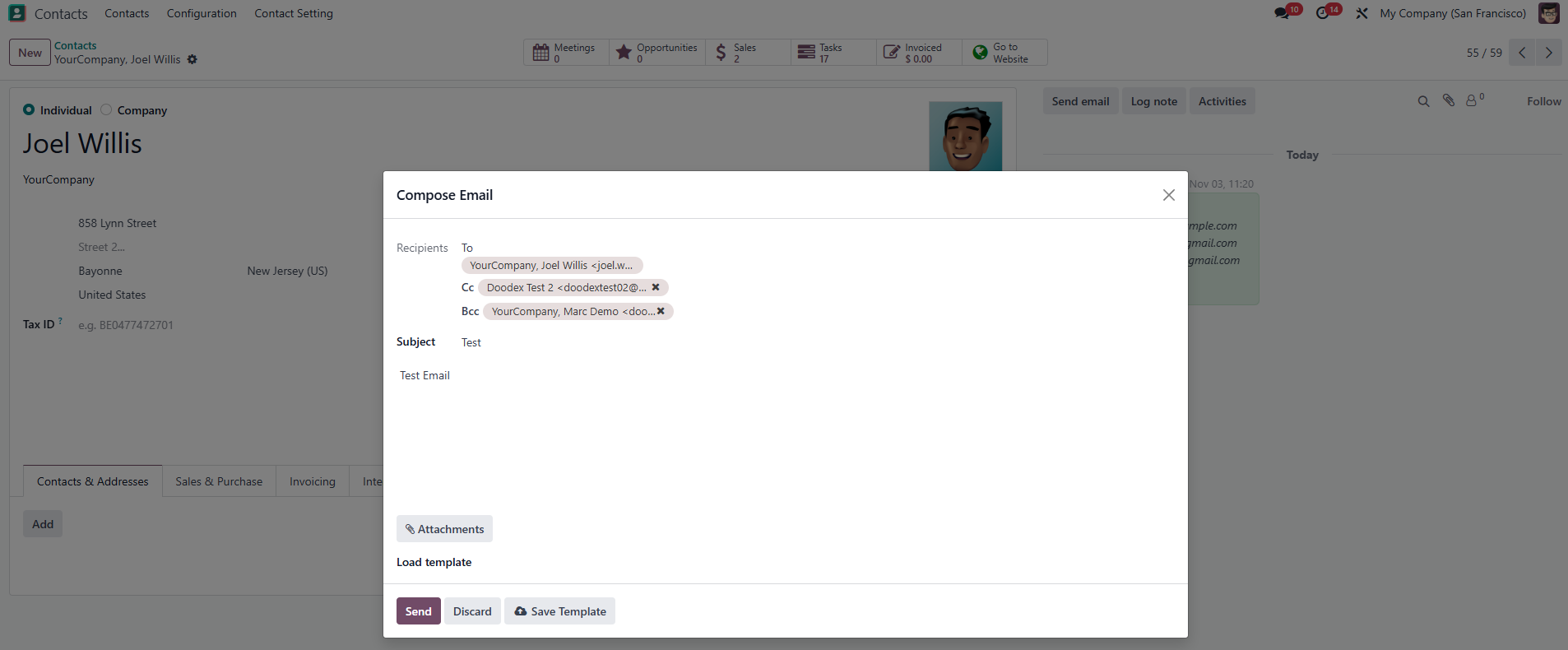 La fenêtre Compose Email ouverte sur un contact, avec le destinataire rempli depuis la fiche et les lignes Cc et Cci portant d’autres destinataires